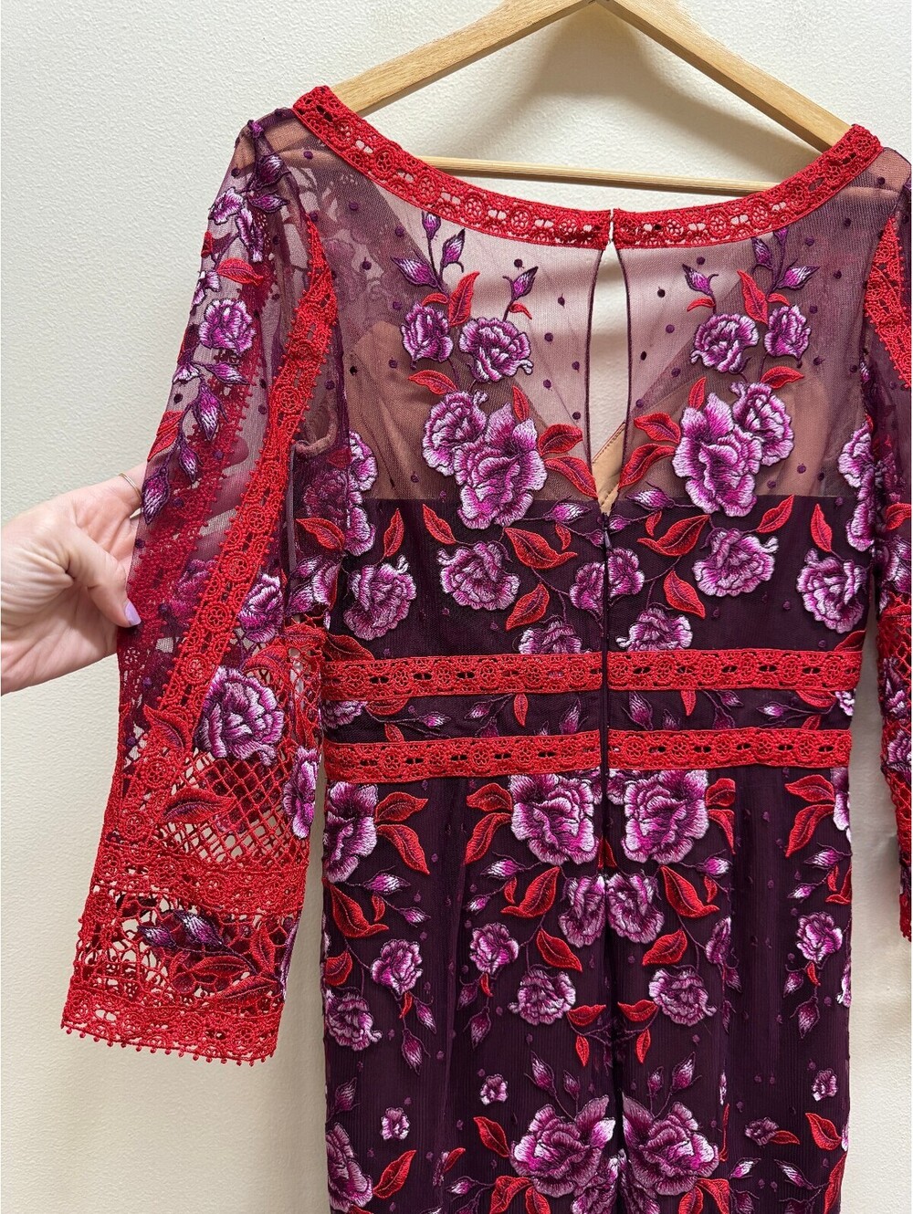 Marchesa notte wine floral lace gown